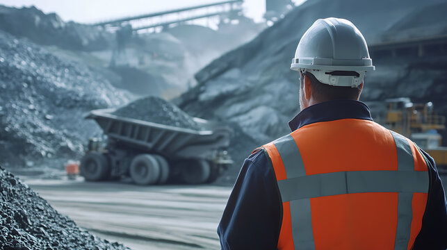Worker monitoring lithium ore crushing at a mining plant. Featuring ore processing
