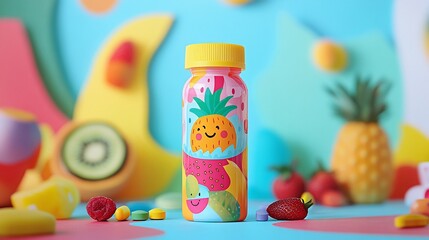 Colorful fruit-themed bottle on vibrant background