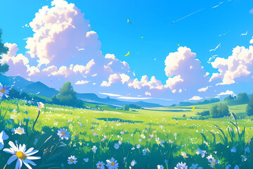serene landscape featuring vibrant green meadow adorned with blooming flowers under bright blue sky filled with fluffy clouds. This meditative scene invites tranquility and reflection