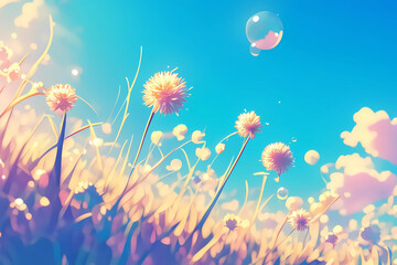 serene and meditative scene featuring vibrant flowers swaying gently in soft breeze under bright blue sky. atmosphere is filled with bubbles floating gracefully, creating peaceful ambiance