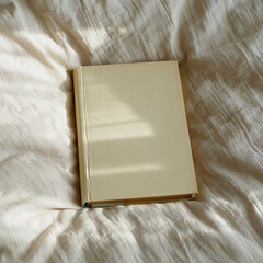 Hardcover book lying on wrinkled linen fabric, captured top-down in soft daylight, serene and neutral atmosphere.