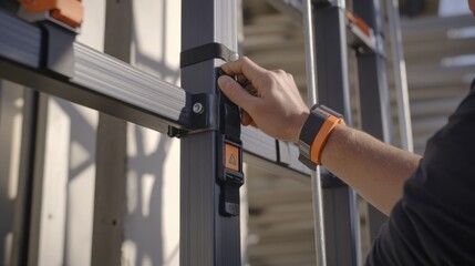Construction worker adjusting scaffolding height at a site. Featuring precision and safety