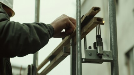 Construction worker adjusting scaffolding height at a site. Featuring precision and safety