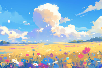 vibrant landscape featuring vast field of colorful flowers under bright blue sky with fluffy clouds. This meditative scene invites tranquility and reflection, showcasing nature beauty