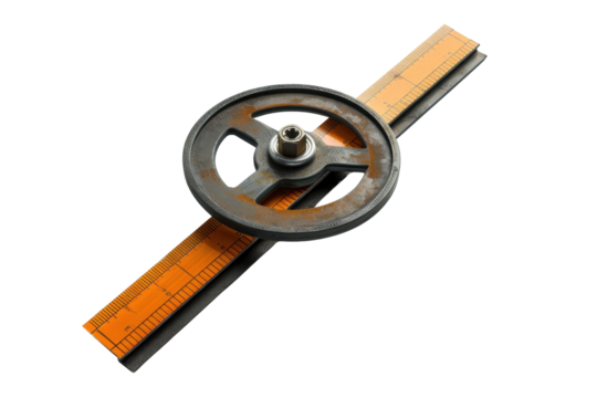 Artistic depiction of a rusted wheel on a ruler placed against a minimalist background isolated on transparent background