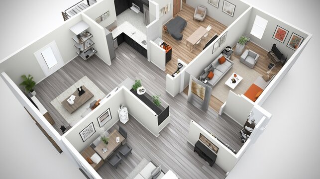 Detailed 3D Floor Plan Visualization with Contemporary Interior Design Elements and Neutral Color Palette