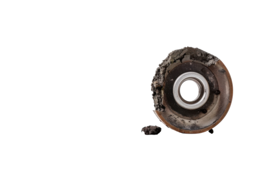 Close-up of a worn bearing with a tape measure, showcasing mechanical wear isolated on transparent background