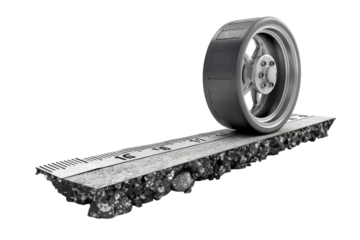 A tire testing its limits on a strip of cracked pavement in an artistic display isolated on transparent background