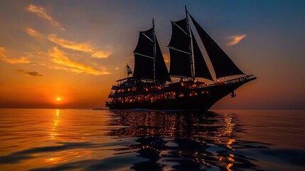 Fototapeta premium Silhouette sailing ship at sunset over calm sea