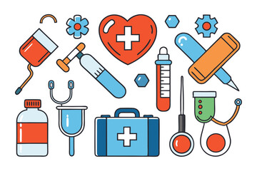 Medical icon set vector illustration design offers flat symbols for health, medicine, hospital, doctor, pill, heart, and stethoscope art