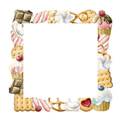 Cute cupcakes, cookies, chocolate and marshmallow frame. Watercolor hand painted isolated food illustration kids bakery