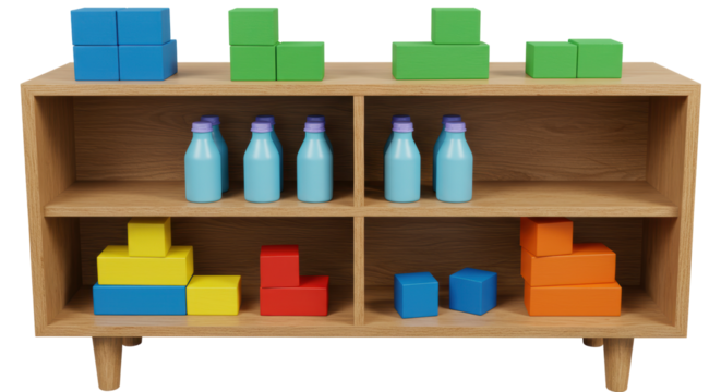 Isolated Colorful Toys on Shelf