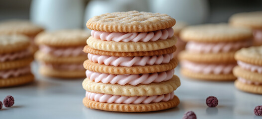 Stack of glazed cookies with pink cream filling on pastel background