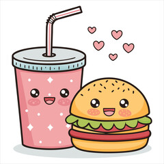 Minimal  Vector Illustration Soft Drink with Cheeseburger 