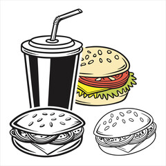 Minimal  Vector Illustration Soft Drink with Cheeseburger 