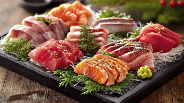 Beautifully presented sashimi platter featuring a variety of fish, arranged with precision on a bed of finely shredded daikon radish - fine ebi dining  high-end