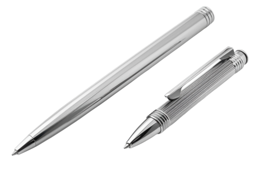 Two elegant silver pens resting on a smooth surface, showcasing craftsmanship in design and function isolated on transparent background