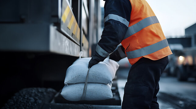 Worker unloading lithium ore bags from a truck at a storage area. Featuring unloading