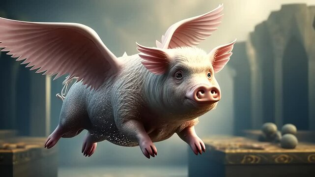 A whimsical flying pig with wings soaring through an ancient, mystical temple setting