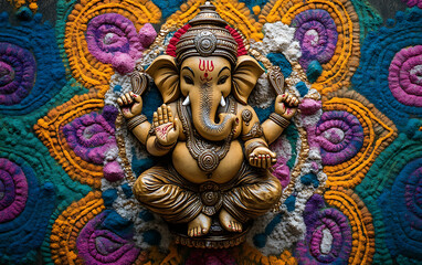 Golden Ganesha Statue on Vibrant Mandala: A Richly Detailed Artistic Image
