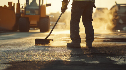 Asphalt worker spreading hot tar on road surface. Precision and teamwork
