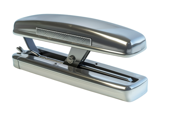 A sleek metallic stapler ready for action on a clean workspace during a bright afternoon isolated on transparent background