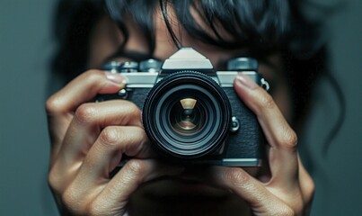 Ready to snap a photo, a woman holds a classic DSLR camera up to her face, framing the shot.