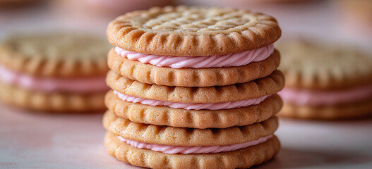 Stack of glazed cookies with pink cream filling on pastel background