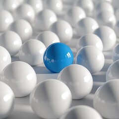 Blue sphere among white spheres, individuality, concept