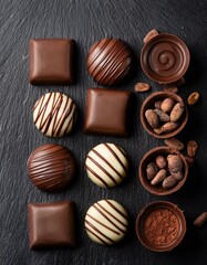 Various dark and white Chocolate bars and other chocolates on black slate stone background with copy space. Generated image