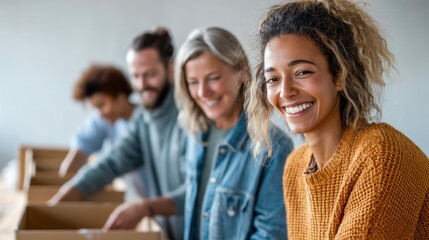 Fototapeta premium A diverse group of people smiling and working together, packing items into boxes in a room.