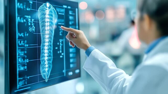 Doctor points at a spine diagram while explaining sciatic nerve pain to a patient.