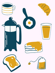 Petit déjeuner en flat design – illustration vectorielle minimaliste bleu et jaune