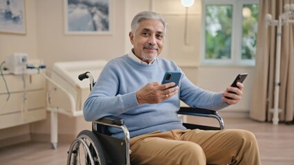 A man in a wheelchair engages with modern communication technology.