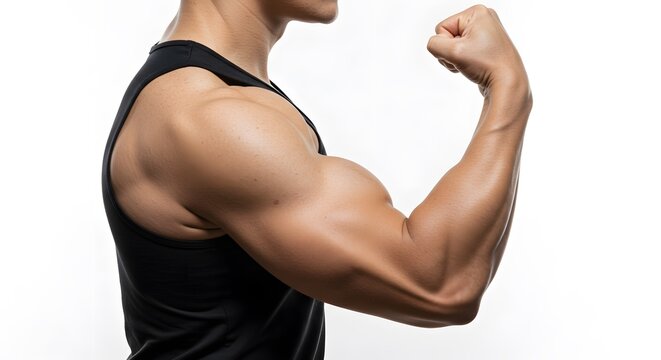 Man Flexing Right Hand Bicep Showing Muscle Strength and Healthy Lifestyle on White Background