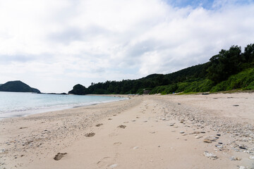 Kerama Islands near Okinawa, Japan: Aerial view of the Aharen, Tokashiki beach in the tropical islands in Okinawa in the Pacific Ocean..