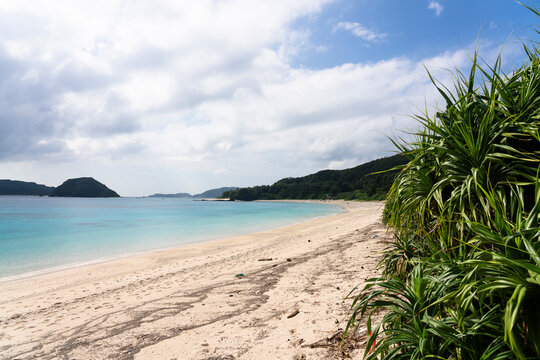 Kerama Islands near Okinawa, Japan: Aerial view of the Aharen, Tokashiki beach in the tropical islands in Okinawa in the Pacific Ocean..