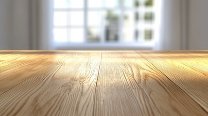 Empty wooden table with shadows background, leaves and blurred on white wall green perfect for product placement