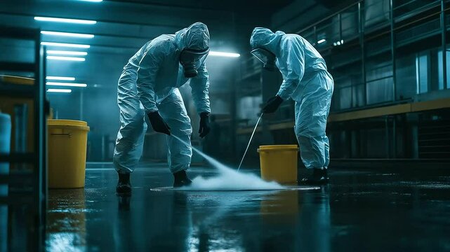 In a dimly lit industrial warehouse, two engineers in hazmat suits work diligently to contain a hazardous fuel spill, their gas masks hiding the urgency on their faces.