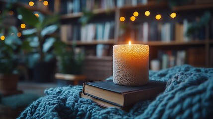 Cozy Home Photo Featuring Lit Candle Books Blanket And Warm Ambience