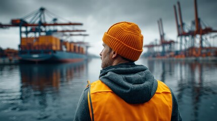 A harbor worker looks out over a bustling port with container ships and towering cranes in action.