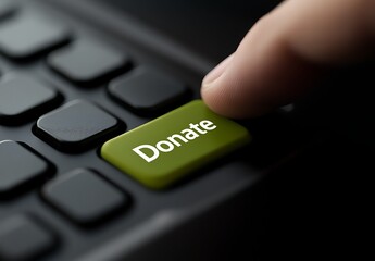 Close-up of a finger about to press the green focus button with the word Donate on a computer keyboard