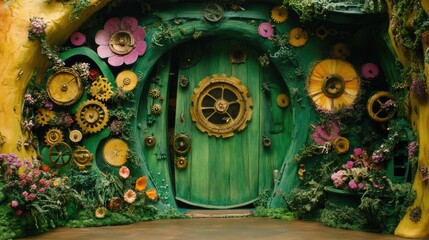 Obraz premium Colorful, ornate, whimsical doorway nestled within a fantastical, wooden dwelling.