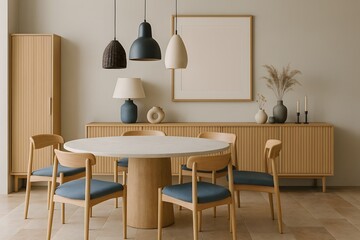 Daining hall with modern wooden table 