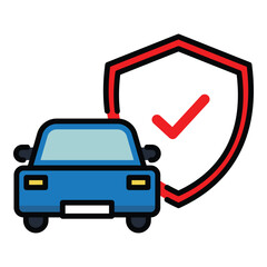 A car with a shield, symbolizing vehicle protection, insurance, and safety round line vector icon with editable stroke