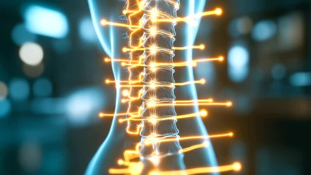 Medical illustration overlays a woman&rsquo;s spine, highlighting sciatic nerve pain.