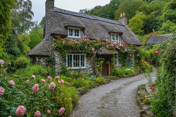 Charming stone cottage nestled in a lush garden with pink roses a gravel path leads to the entrance