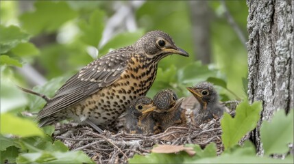 Fototapeta premium A mother bird carefully feeding her fledglings in a nest - natural nestling mother animals family