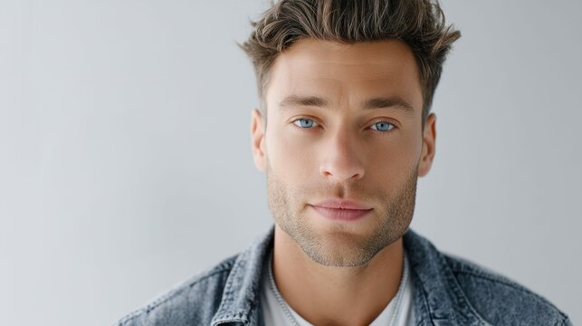 Close-up of a handsome man with striking blue eyes and a confident expression.