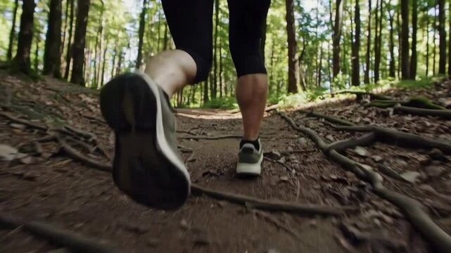 Dynamic trail running through forest featuring energetic footsteps and natural terrain